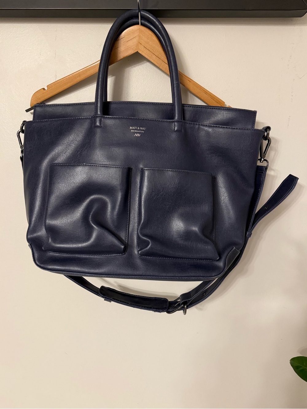 Matt & Nat Navy Vegan Leather Tote with Dual Front Pockets